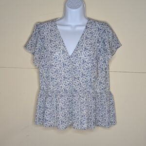 Madewell Blue and White Floral Top Flouncy Baby Doll